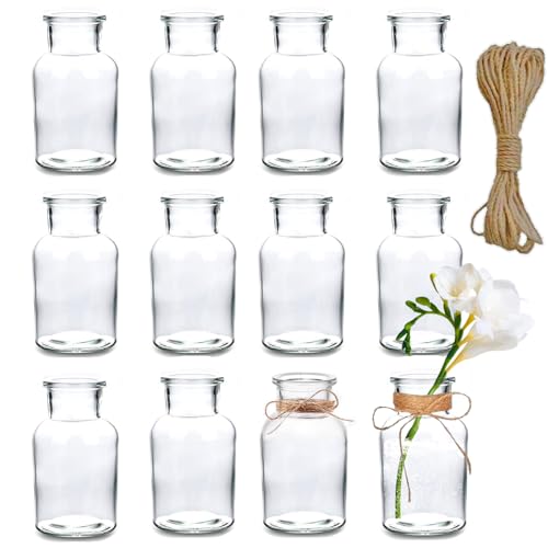 Cnwinu 12PCS Flower Vase,Bud Vases for Wedding Favours Table Centrepiece,Cute Glass Small Vases for Flowers,125ml DIY Mini Table Decoration with 5M Jute Twine