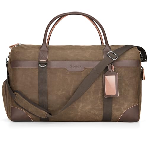 Gonex Reisetasche aus gewachstem Segeltuch, wasserabweisend, Vintage, 55 l, mit Schuhfach und Gepäckanhänger, robuste Übernachtungstasche mit Koffergriffhülle für Herren, Dunkelbraun, Large-55L