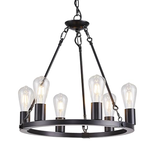 GYNAZIX Farmhouse 6 Lights Black Wagon Wheel Chandelier,Modern Vintage Round Pendant Light Fixture...