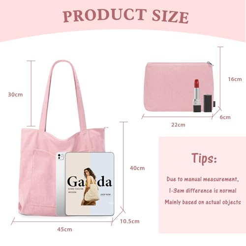 GASSDA Handtasche Damen Groß Shopper Tasche Damen Cord Tasche Tote Bag mit Reißverschluss für Arbeit Einkaufen Fitness Reisen (A-Blassrosa)