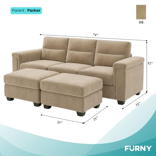Image of FURNY Parker 3 Seater Sofa Set with 2 Ottomans | Premium Suede Velvet Fabric Finish | Durable Comfort Sofa for Modern Living Room & Office Spaces
