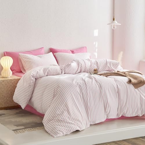 Image of Wake In Cloud - Striped Cotton Duvet Cover Set, Ticking Stripe Vertical Pinstripe Farmhouse, 100% Washed Cotton Textured Bedding Set, 3 Pieces, Pink White, Full Size