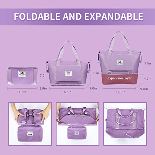 Expandable Travel Duffel Tote Bag - Foldable Overnight Weekender, Carry-On, Swim & Gym Bag - Fits Spirit Airlines Personal Item Size - Lightweight, Waterproof & Durable with Trolley Sleeve,Purple2
