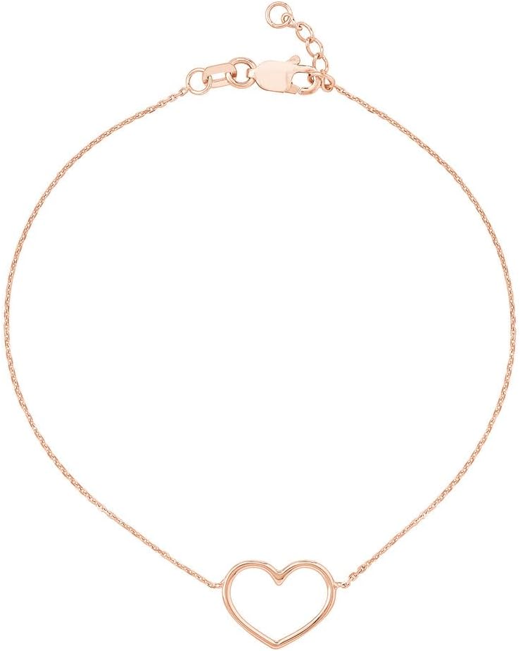 14K Solid Gold Heart Bracelet - Dainty Cable Link Chain Bracelet For Women - Delicate Yellow White Rose Real Gold Open Heart Charm Bracelet Adjustable Up To 7.5"