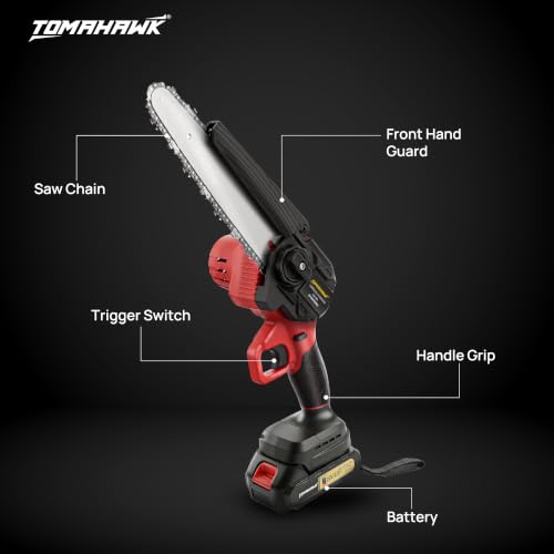 Image of TOMAHAWK TCS-8A Cordless Chainsaw 8 inch with Brushless motor, 20V Battery, Dual Switch Safety, Includes 2 Batteries & Charger, Portable Electric Handheld Saw for Gardening, Wood Cutting.