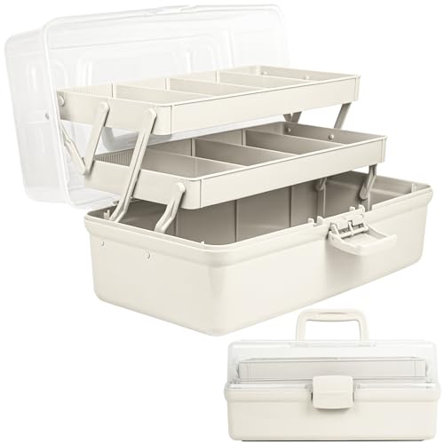 Creahaus Caja de almacenamiento multiusos de 3 capas de 14 pulgadas, cajas de almacenamiento para manualidades con compartimentos, caja de herramientas de plástico, caja de almacenamiento de