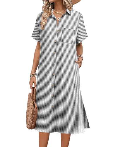 HOTOUCH Womens Summer Dress Casual Midi Short Sleeve Shirt Button Down Loose Beach Dress with Pockets