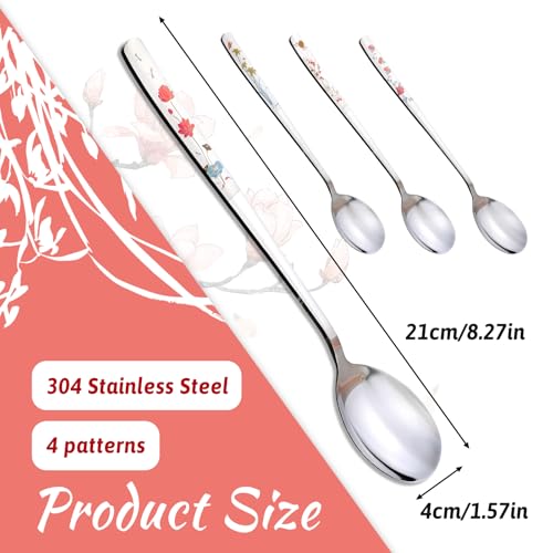 korean spoons Soup with Long Handles,4 pack 304 Stainless Steel Asian Metal Dinner Spoon, 8 Inch Chinese Tablespoon, Large Round Soup Spoons for Coffee, Desserts Dishwasher Safe (Flower Pattern)