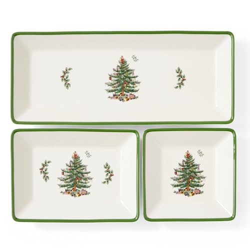 Spode Christmas Tree 3-Piece Dessert Trays, Serveware - Holiday Dinnerware & Decorative Tray, Holiday Winter Serving for All Parties & Occasions - for Snacks, Appetizers, Cookies