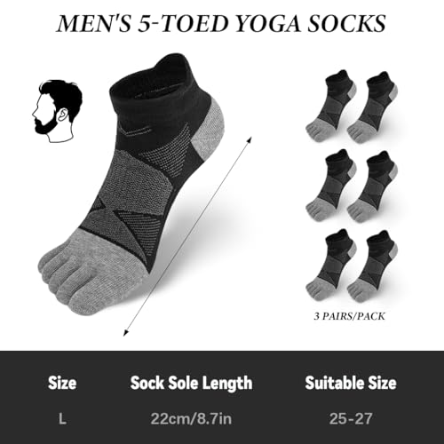 Image of PROBEROS 3 Pairs Mens 5-Toe Yoga Socks, Moisture-Wicking Cotton, Anti-Skid Towel Sole, Athletic Ankle Socks for Exercise, Running & Yoga