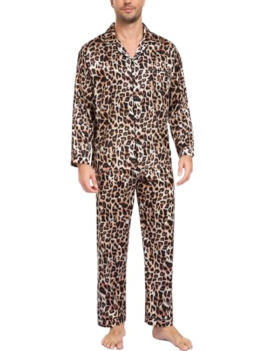 Image of SWOMOG Mens Silk Satin Pajamas Set Long Sleeve Sleepwear Button-Down Pj Two-piece Loungewear with Long Pants S-XXL