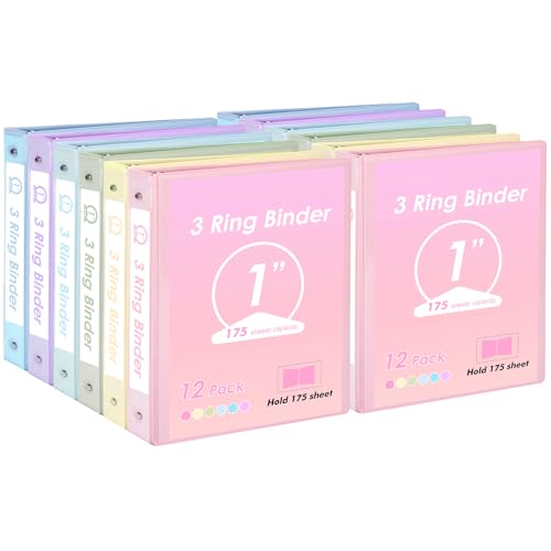 EOOUT 1 inch 3-Ring Binder 12 Pack Assorted Pastel Color with 2 Pockets Inside Fits 11 x 8.5 Inch Paper with 175 Sheets Capacity for Office Home School Project