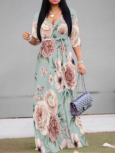 Image of PinkPatty Women's Plus Size Maxi Dresses Casual Flowy 3 /4 Sleeves Dress Printed Vacation Dress for Daily Wear with Belt