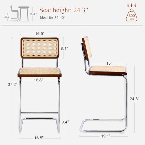 Image of Natural Rattan Counter Stools with Cane Back, 24 Inches Mid Century Modern Cesca Bar Stools, Rustic Bar Stools with Metal Frame for Kitchen Island,Home Pub (Brown, Set of 2)
