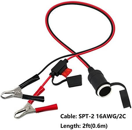 KUNCAN 2FT 12V 24V Female Car Cigarette Lighter Socket to Battery Alligator Crocodile Clips Connector, Car Battery Clamp-on Extension Charge Cable with 10A Fuse