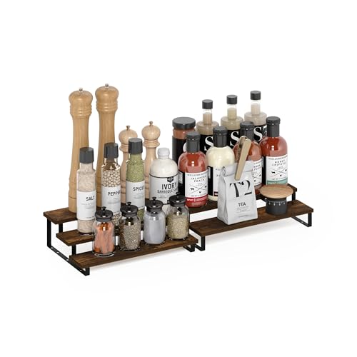 Image of Furinno RAVEL Kitchen Countertop Organizer Set of 2, 3-Tier Counter Shelves, Kitchen Storage, Expandable, Spice Rack, for Pantry, Coffee Bar, Amber Pine