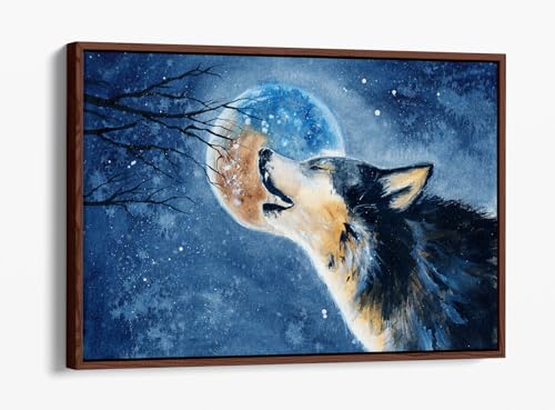 Impression sur toile loup de qualité supérieure encadrée en noyer noble