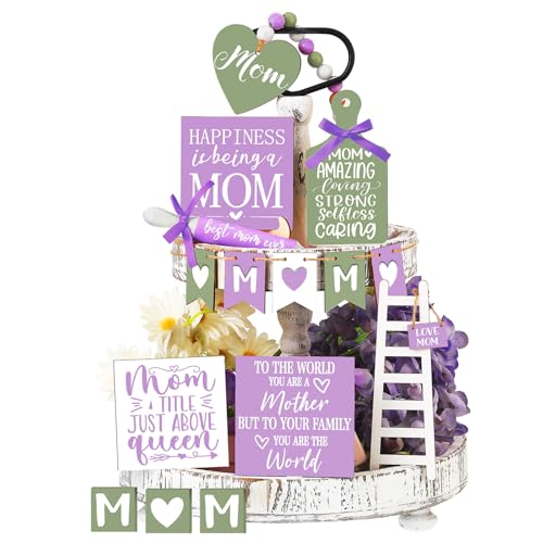 Sumind 15 Pcs Mother's Day Tiered Tray Decor Happy Mother's Day Lavender Wood Signs...