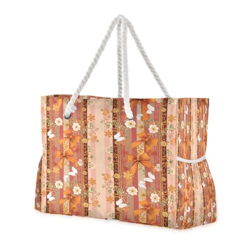 Flower Ribbon Beach Tote Bag for Women Large Pool Bags Carry On Bag With Wet Compartment for Beach Travel with Pocket Zipper Outdoor Tote Bag