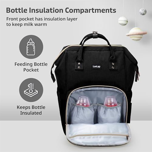 Image of LuvLap Lily Multifunctional Waterproof Diaper Bag for Mothers for Travel, Mother Travelling Bag, Backpack Cum Tote bag for Mothers, 24L Large storage capacity with 15 pockets (Black)