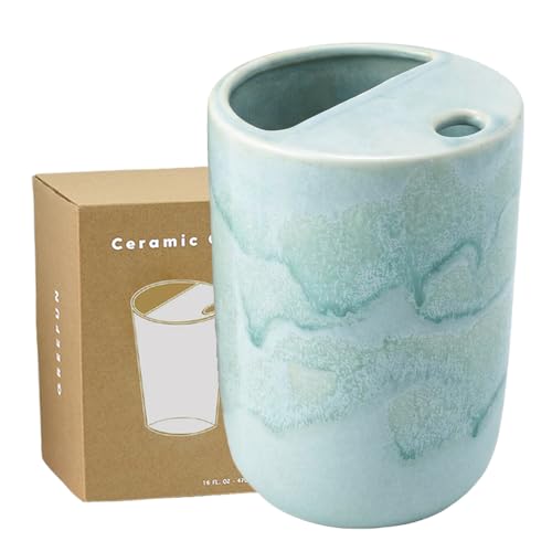Taza de cerámica artesanal con tapa, 17 oz, color verde espuma