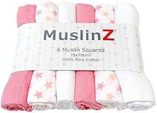 MuslinZ 6pk Baby Muslin Square Burp Cloth Star Mix 100% Cotton 70x70cm (Pink)