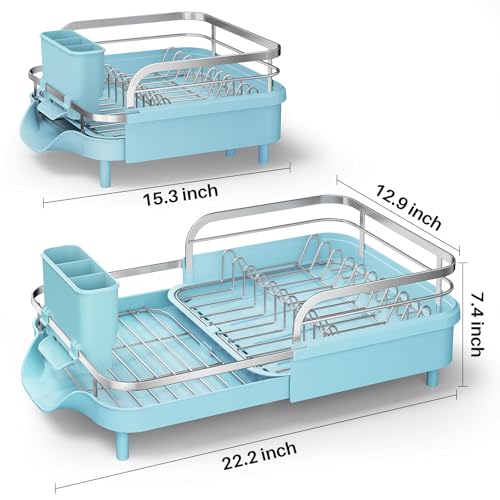 Image of SAYZH Dish Drying Rack - Expandable Dish Rack for Kitchen Counter, Rust-Resistant Dish Drainer with Utensil Holder and Raised Guardrail, Kitchen Organizer for Cup and Bottle (Blue)