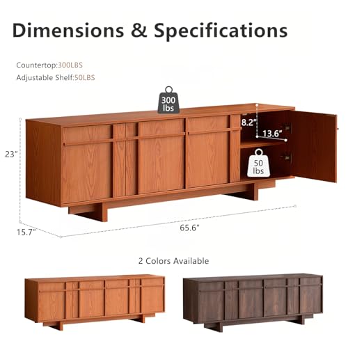 Image of TV Stand for 75 Inch TV, Mid Century Modern TV Stand with Skeletal Lines Design, Wood Grain Finish, Media Console with Storage, 65.6 inch Entertainment Center for Living Room, Bedroom, Cherry