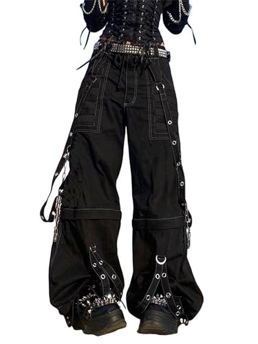 Svuitmsl Y2k Gothic-Cargohose für Damen Hip-Hop Y2K Punk Harajuku Baggy-Jeans Grafikdruck hohe Taille weites Bein C-schwarz L