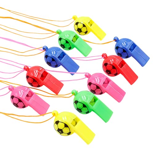 50 silbatos de plástico de colores para fútbol con cuerda miniatura 1