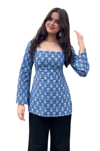 Image of Women's Rayon Printed Short Kurti | Straight Fit Casual Ethnic Top | Square Neck Full Sleeve Ladies Kurti Office College