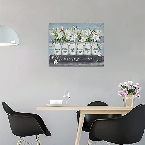 Rustic Flower Wall Art Country White Lily Floral Hummingbird Wall Decor God Says You Are Village Pictures Canvas Prints Motivational Framed Modern Artwork For Home Living Room Bedroom Bathroom 16"X12" #TOP2