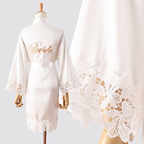 Dqssyttx Bride Bridesmaid Robes With Lace Trim Embroidery Silky Satin Bathrobe For Women Wedding Party Sleepwear Kimono Robe White #TOP2