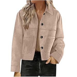 CSKJ Lederjacke Damen Mode Einfarbige Wildlederjacke Kurz Übergangsjacke mit Fleece-Futter Revers Freizeitjacke Leichte Damenmantel Elegant Kurzmantel