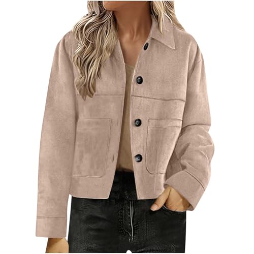 Women's Faux Suede Jacket Long Sleeve Lightweight Cropped Blazers Button Down Loose Fit Jackets Ladies Elegant Outwear Lapel Pullover Tops Bomber Jacket Solid Color Streetwear