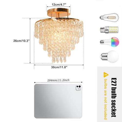 FRIXCHUR 11.8 Zoll Kristall Kronleuchter Flush Mount Decken Kronleuchter für Flur Küche Schlafzimmer, Gold