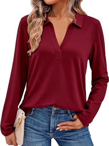 Pawate Damen Bluse Langarm Shirt Elegant Oberteil V-Ausschnitt Business Tops Casual Baumwolle Tshirt Herbst Tunika(Weinrot/L)