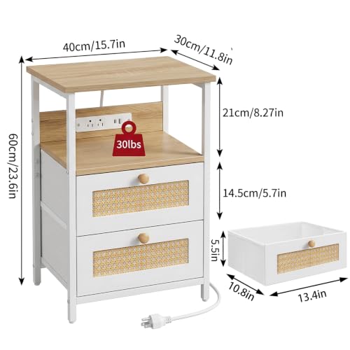 Image of Fixwal Night Stand with Charging Station, Led Nightstand, 2 Fabric Drawers