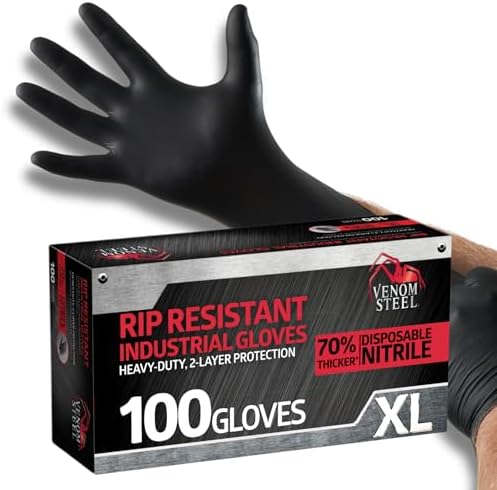 Venom Steel Industrial Nitrile Gloves, Chemical Resistant Disposable Black Gloves, Latex-Free, Powder-Free, Textured Grip, Heavy Duty Two-Layer Protection, 6 mil, XL, 100 Count