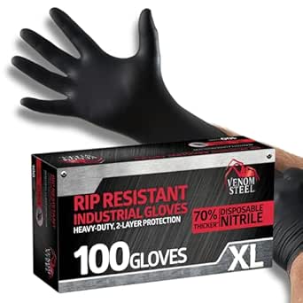 Venom Steel Industrial Nitrile Gloves, Chemical Resistant Disposable Black Gloves, Latex-Free, Powder-Free, Textured Grip, Heavy Duty Two-Layer Protection, 6 mil, XL, 100 Count