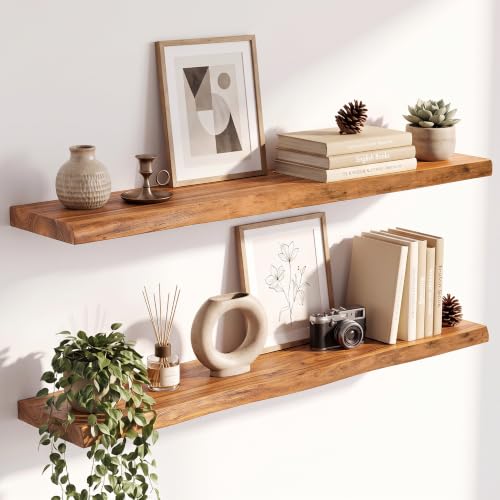 Image of Live Edge Elm Floating Shelves - 40 In Rustic Solid Wood Shelves with Heavy-Duty Invisible Bracket, Wall-Mounted Wooden Shelf for Living Room, Bathroom, Kitchen Storage & Display, Set of 2, Natural
