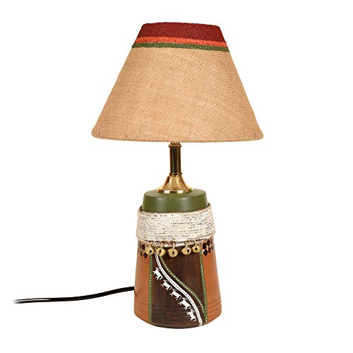Image of AAKRITI ART CREATIONS Terracotta Table Lamp for Study Room, Bedroom & Living Room Decoration | Kalamkari Handwoven Tribal Pattern Bedside Lamp with Jute Woven Fabric Shade | Aesthetic Night Lamp