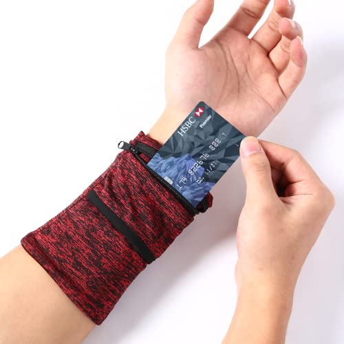 Wrist Pouch, Sportswear Wristband, Wrist Wallet with Zippered for Running Cycling, Hiking, Yoga, Walking and More (Purplish Red, L)
