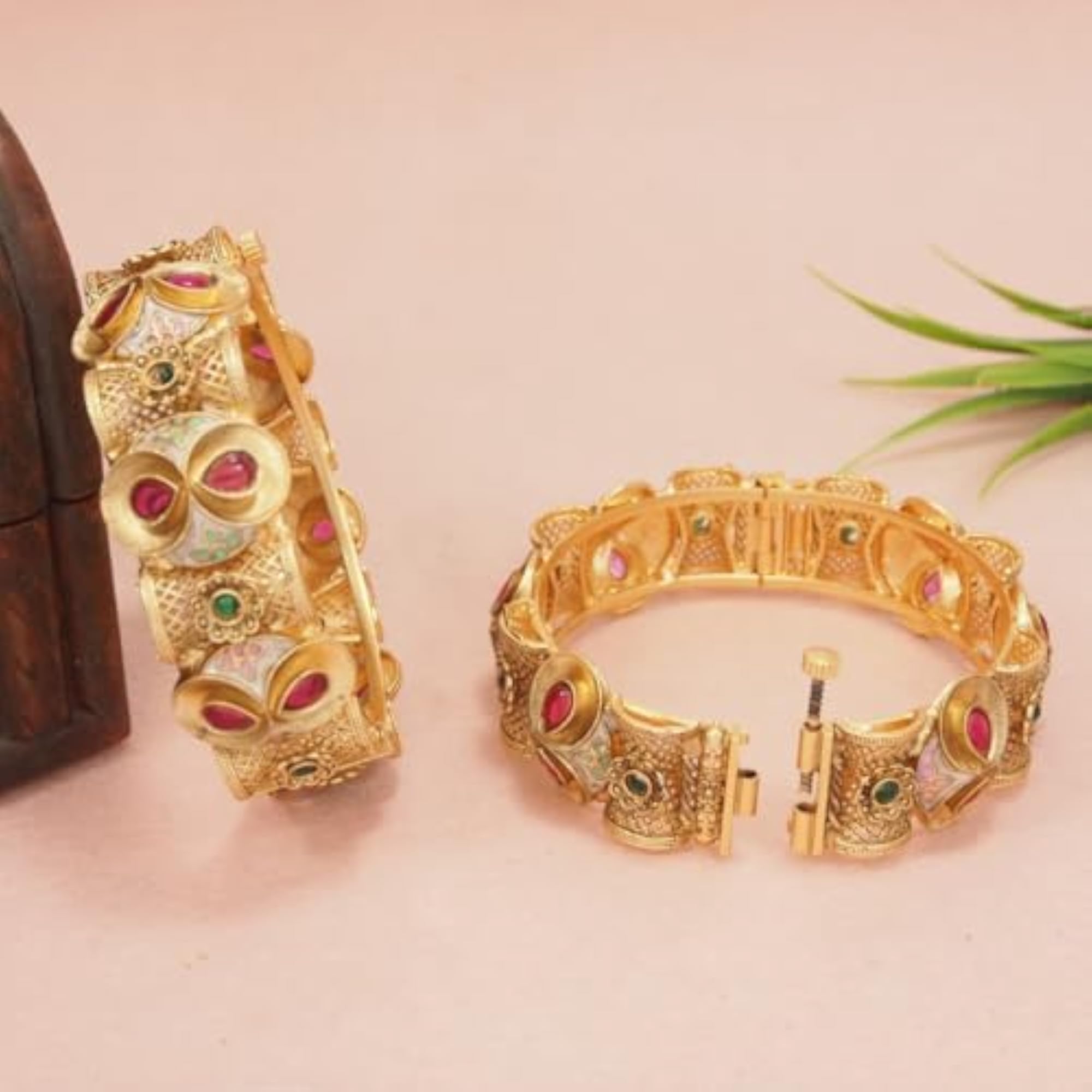Traditional Gold-Plated Antique Bangles with Ruby & Green Stone