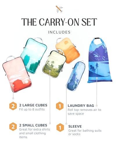 Image of Compression Packing Cubes Set for Carryon Suitcases- Lightweight, Durable Clothes Organizer, Getaways, 6 Piece