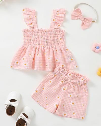 Image of Mioglrie Toddler Baby Girl Summer Clothes Infant Spring Outfits Ruffle Sleeveless Shirt Baby Shorts Headband Clothing Set