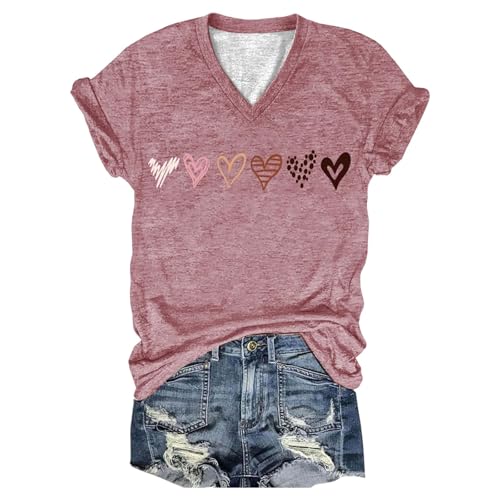 Camiseta de manga corta estampada casual para el día a día cómoda y elegante con cuello en V para mujer, Rosa., L