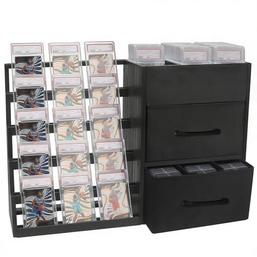 Image of 5-Tier Trading Card Display Stand,Large Card Display Case with 2 Drawers & 9 Compartments,Wooden Graded Sports Card Display Holds 200+ PSA /BGS /SGC Slabs to Showcase and Protect Your Collection