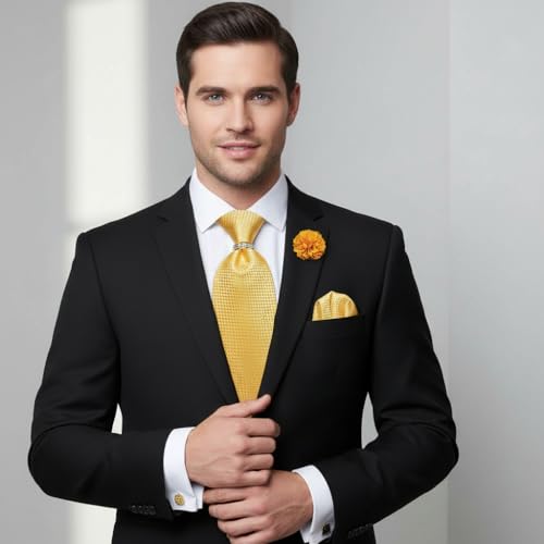 Image of 5PCS Mens Silk Tie, Pocket Square, Cufflinks, Drilled Tie Ring and Lapel Pin Set for Wedding Groom Party