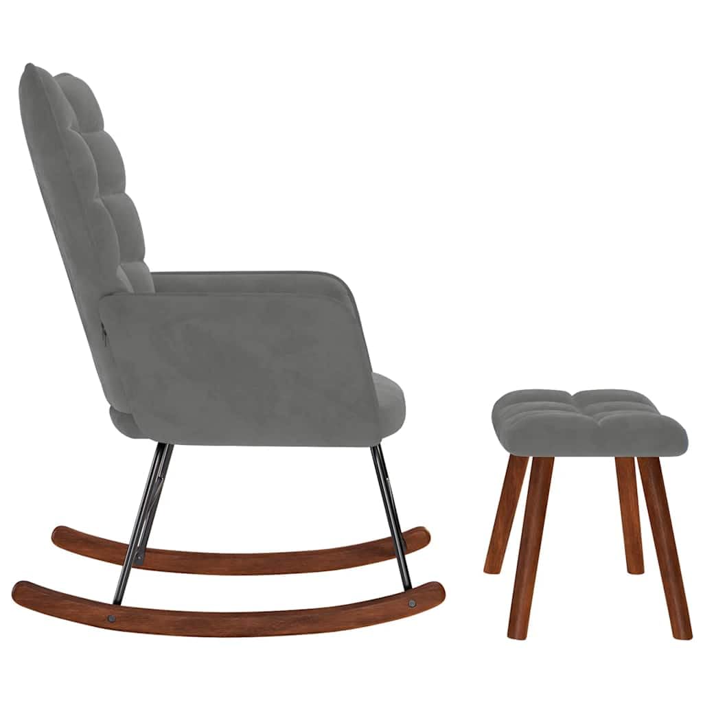 Mecedora con taburete de terciopelo gris oscuro, cómodo sillón con asiento y respaldo acolchados gruesos, marco estable de madera contrachapada y metal, patas de madera para un soporte seguro